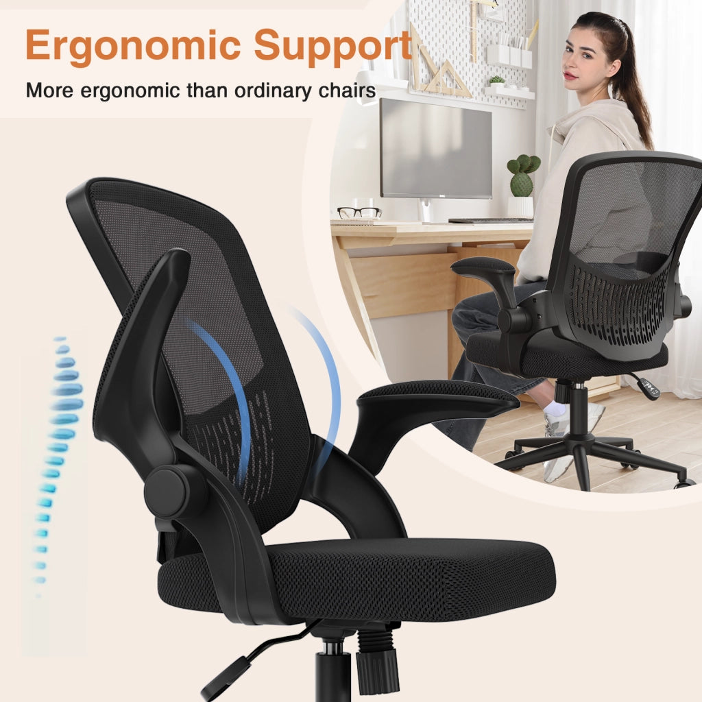 Sedia da ufficio con braccioli -  Sedia da ufficio ergonomica - Su ruote - Sedia girevole regolabile in altezza - Nero