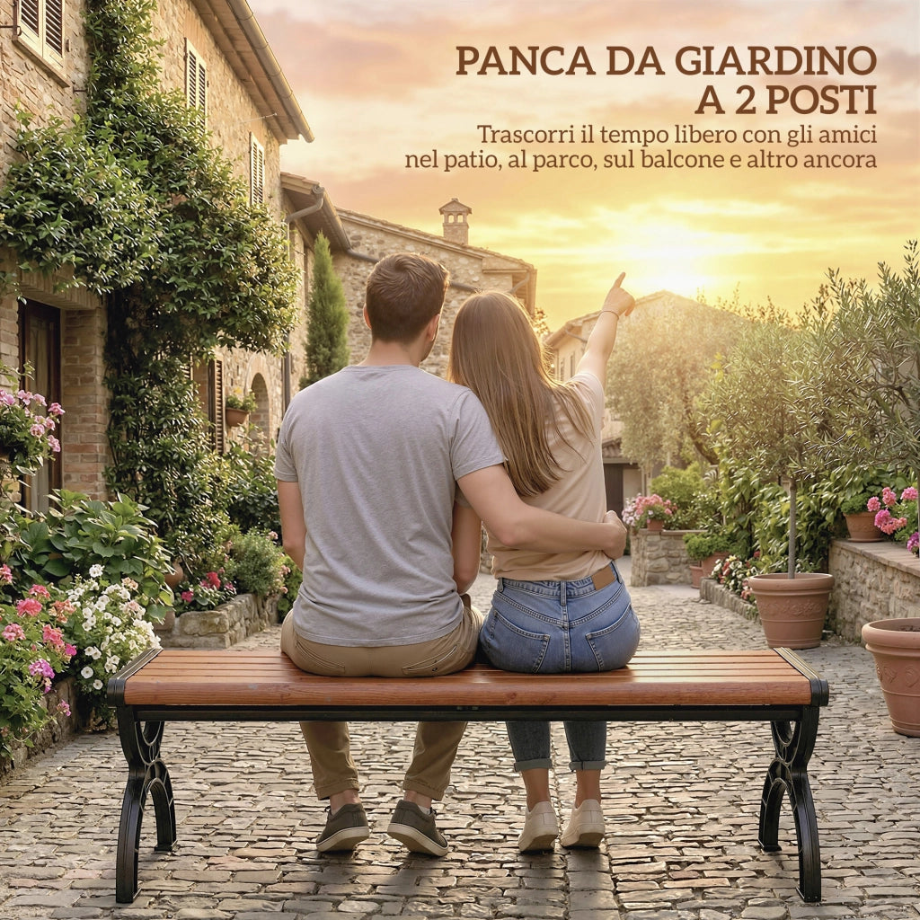Panchina per Esterno 2 Posti in Metallo, 124x39x39 cm, Color Legno e Nero