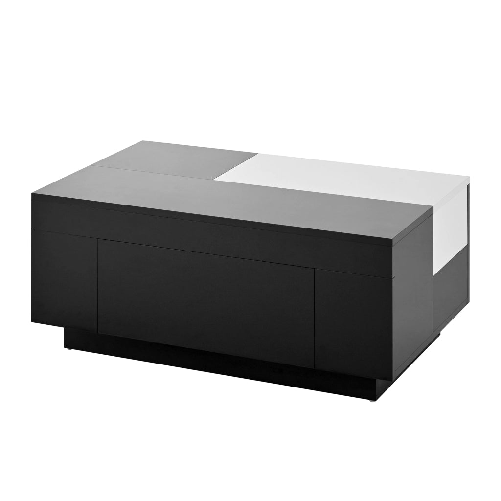 OKWISH Tavolino da Caffè Moderno con Piano Estensibile e Cassetto Nascosto, LED Bluetooth, per Soggiorno, MDF, Nero e Bianco, 80×50×35,5 cm