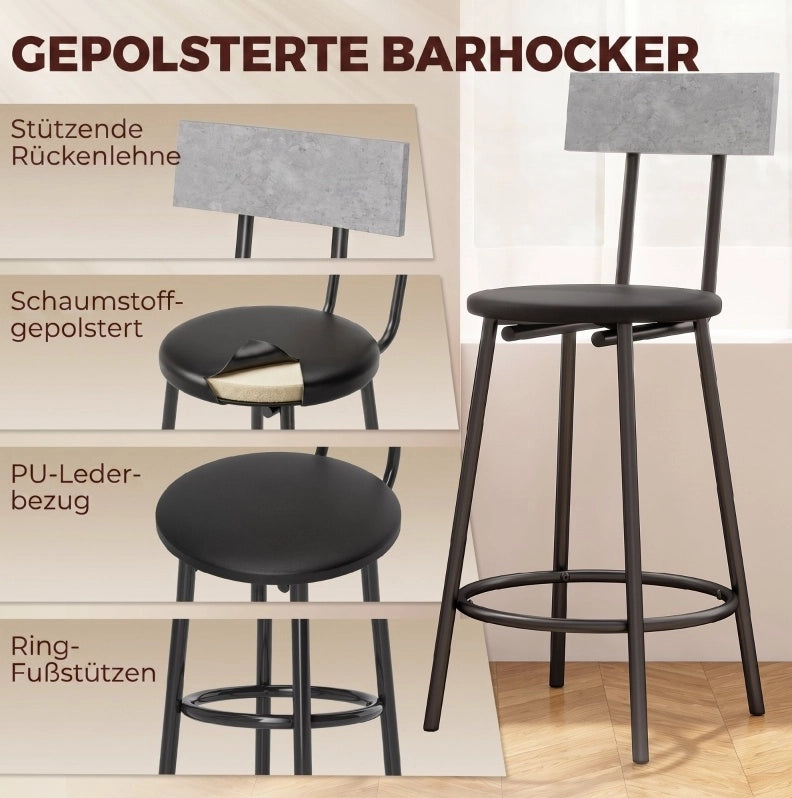 Set tavolo bar con 2 sgabelli imbottiti grigio