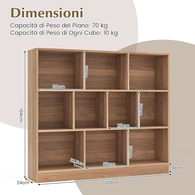 Libreria a 10 Cubi, Organizzatore di Stoccaggio a 3 Ripiani con 2 Kit Anti-Ribaltamento, Scaffale Multiuso in Legno per Soggiorno Camera da Letto Ufficio, 120x24x104 cm (Naturale)