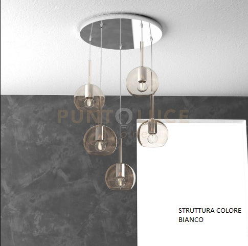 SOSP. BIANCO TONDA 5 LUCI VETRI TUTTI PICCOLO AMBRA 1155BI-S5 TP-AM