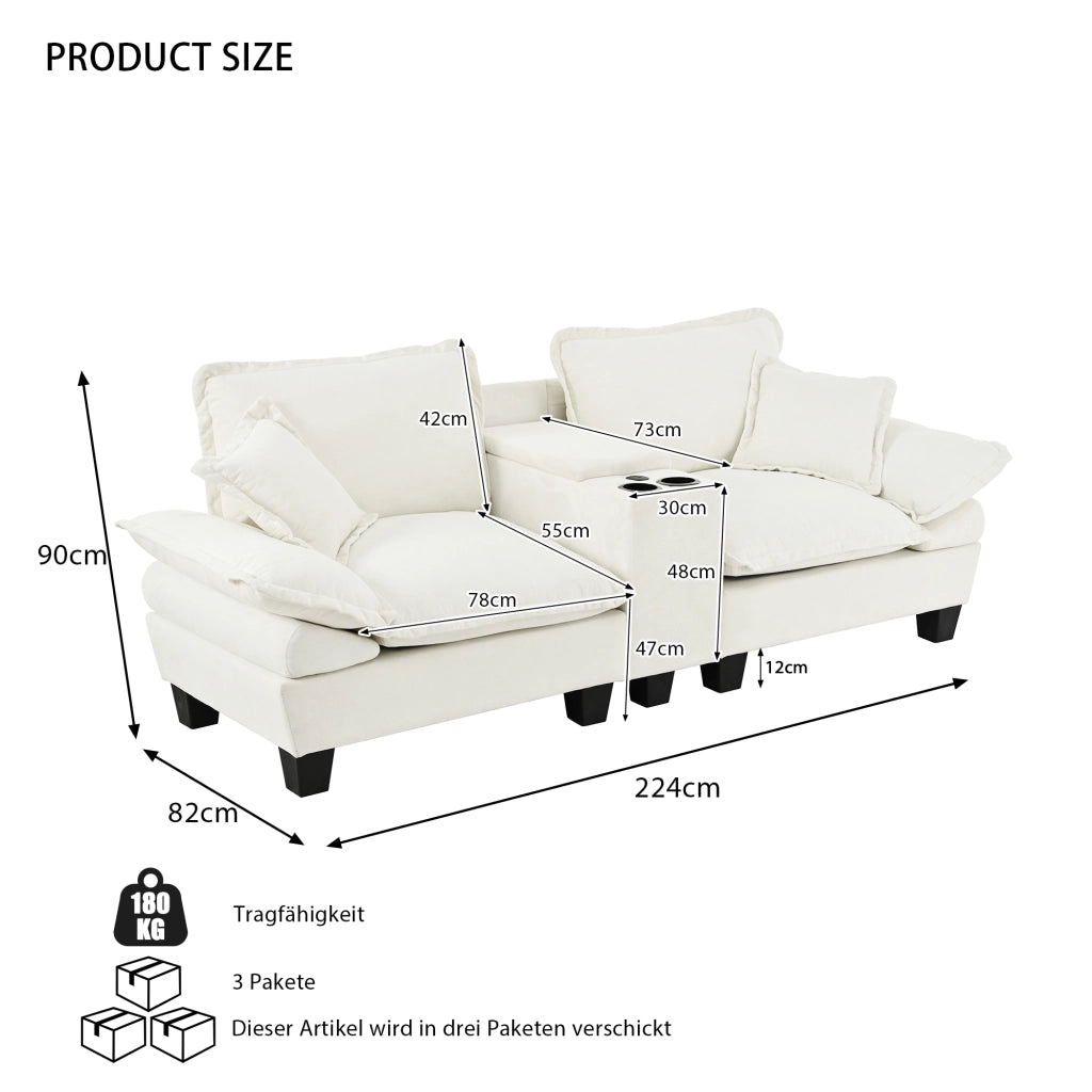 Divano con braccioli rimovibili, porta USB, vani portaoggetti e portabicchieri in chenille beige 224 × 82 × 90 cm