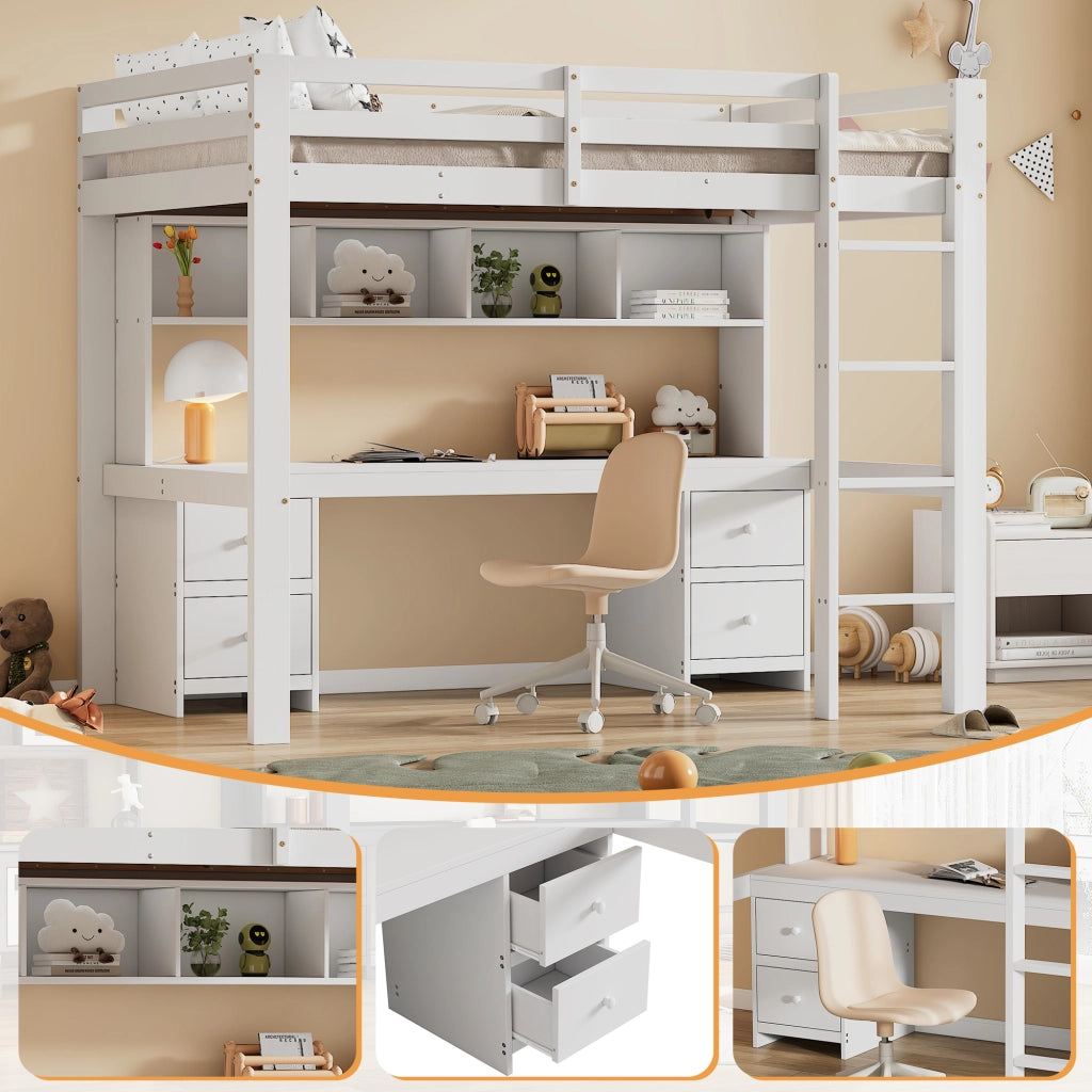 Letto a castello bianco in pino con funzione scrivania e spazio contenitivo 90x200 cm