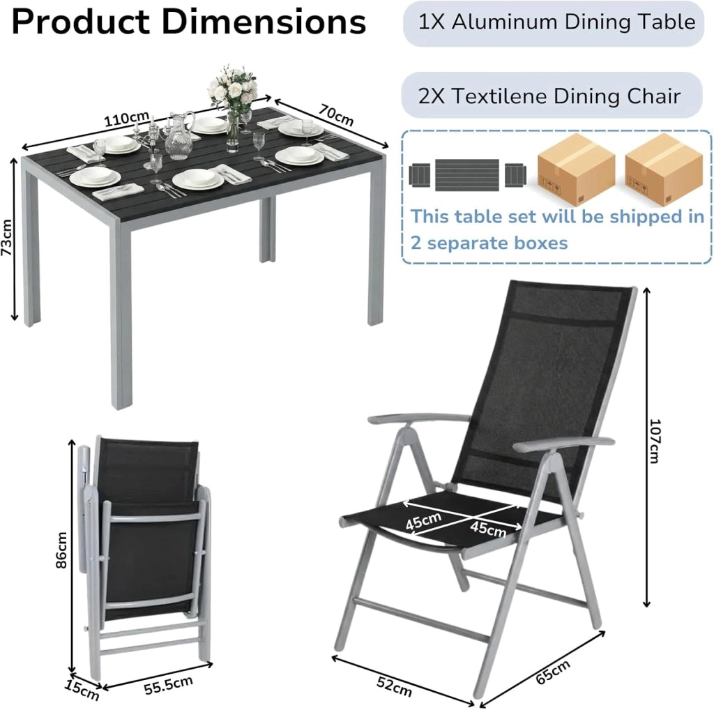 Set di 3 Mobili da Giardino in Alluminio, Tavolo Rettangolare 110x70 cm + 2 Sedie Pieghevoli Regolabili, Resistente alle Intemperie, Arredamento per Terrazza, Balcone e Esterno, Grigio Argento