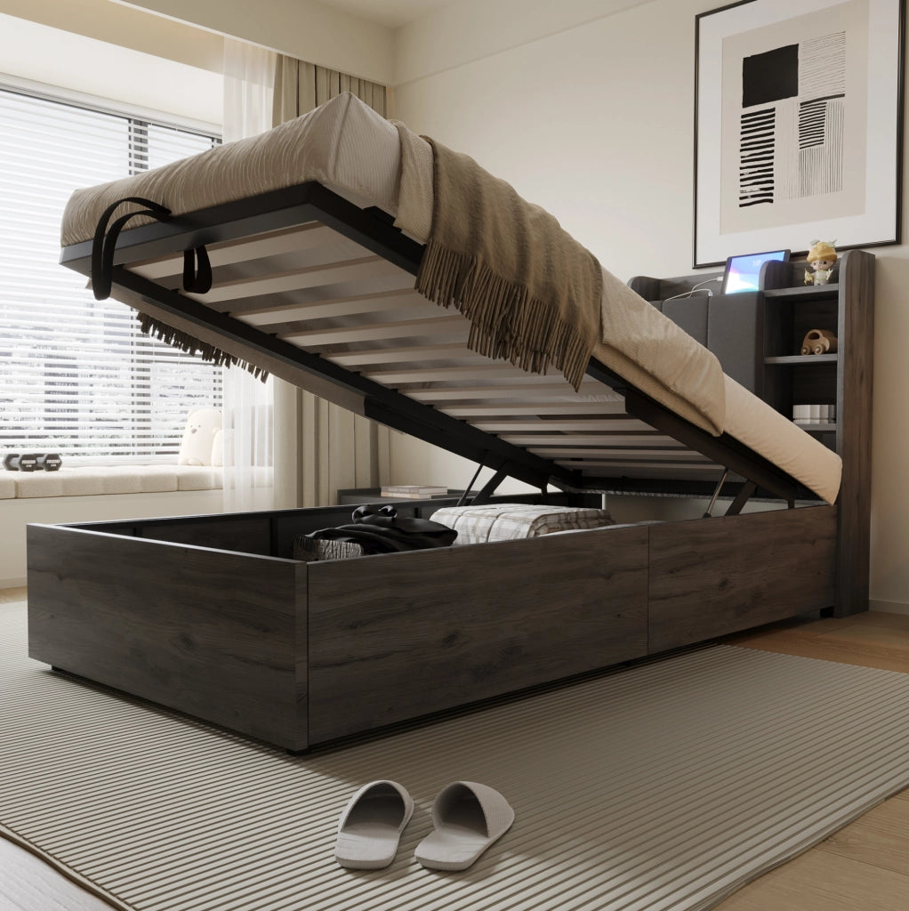 Letto singolo 90x200 cm con contenitore idraulico, USB e Type-C, grigio