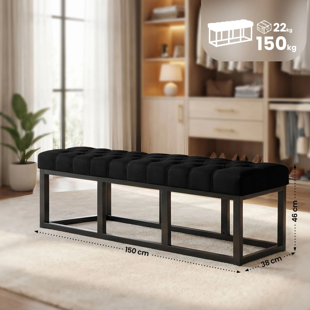Panca design AMUN in metallo nero opaco e tessuto nero,150 cm