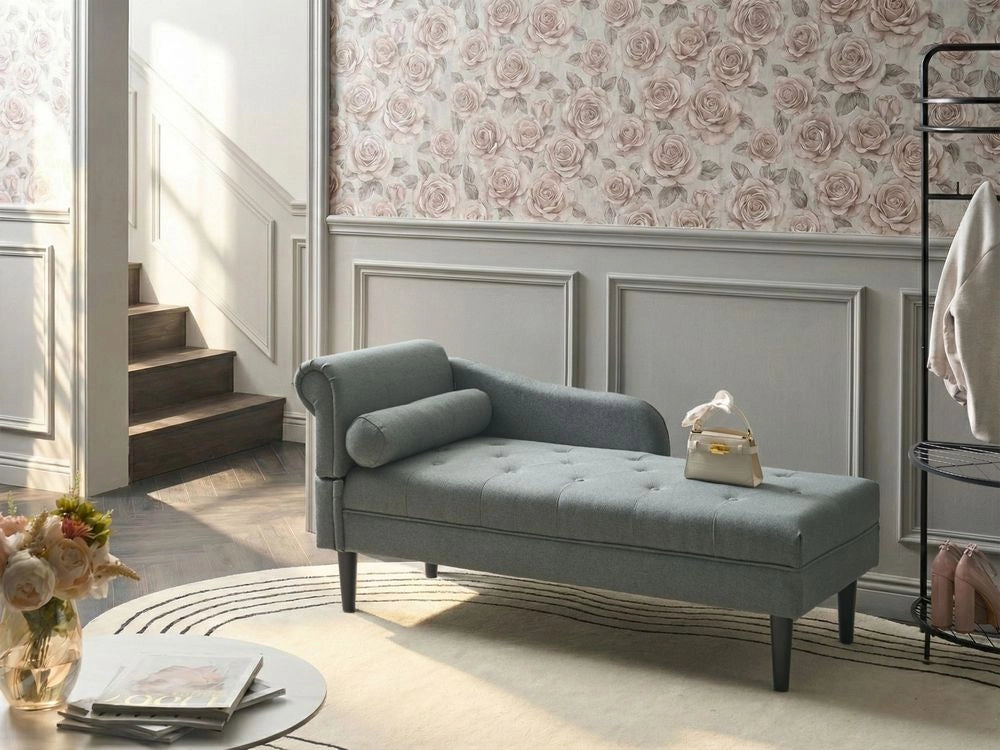 Chaise longue sinistra in tessuto verde imbottita con cuscino facile da pulire, gambe in legno, soggiorno moderno