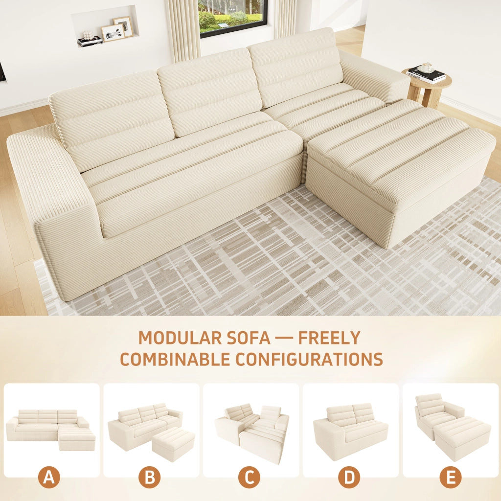 Divano angolare modulare a L senza telaio con sedute componibili in velluto a coste beige 253 × 161 × 89 cm