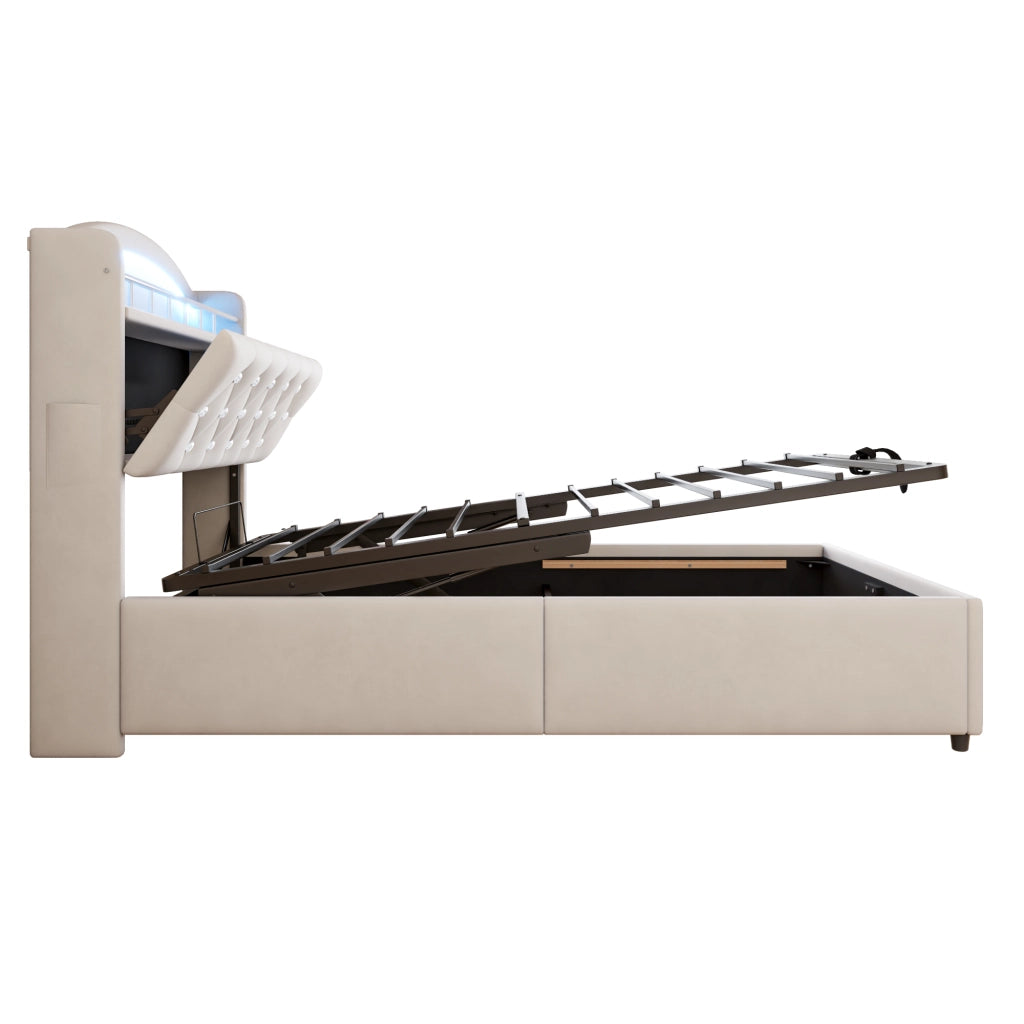 DESMIU Litto per bambini 90 × 200 cm con contenitore, LED e USB, senza materasso, in velluto, beige
