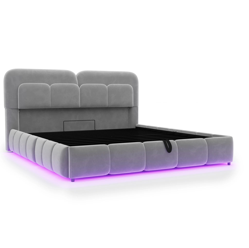 Letto matrimoniale imbottito 140 x 200 cm con contenitore idraulico; LED e velluto grigio