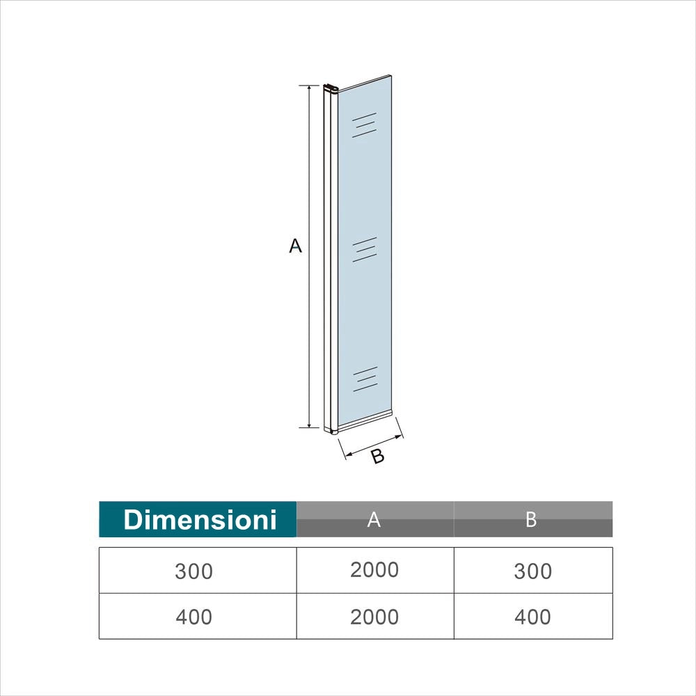 Paretina mobile per Walk In da 30cm Altezza 200 cm Vetro Temperato Trasparente da 8 mm Anticalcare Telaio Nero Opacoo