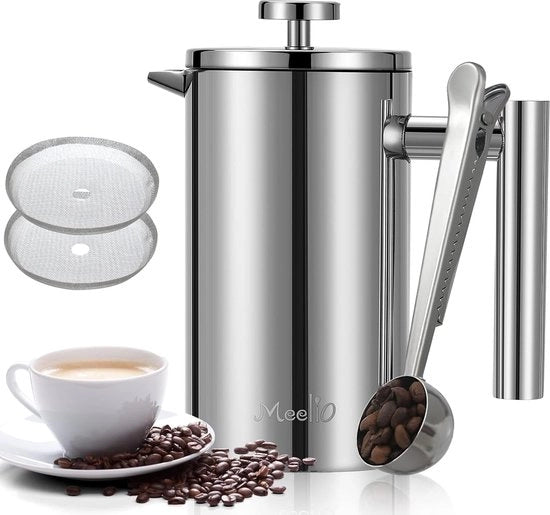 Caffettiera a stantuffo 1 litro, piccola, caffettiera a stantuffo, acciaio inossidabile, 1000 ml (6 tazze), filtro a stantuffo a doppia parete isolato, acciaio inossidabile, caffettiera a stantuffo francese