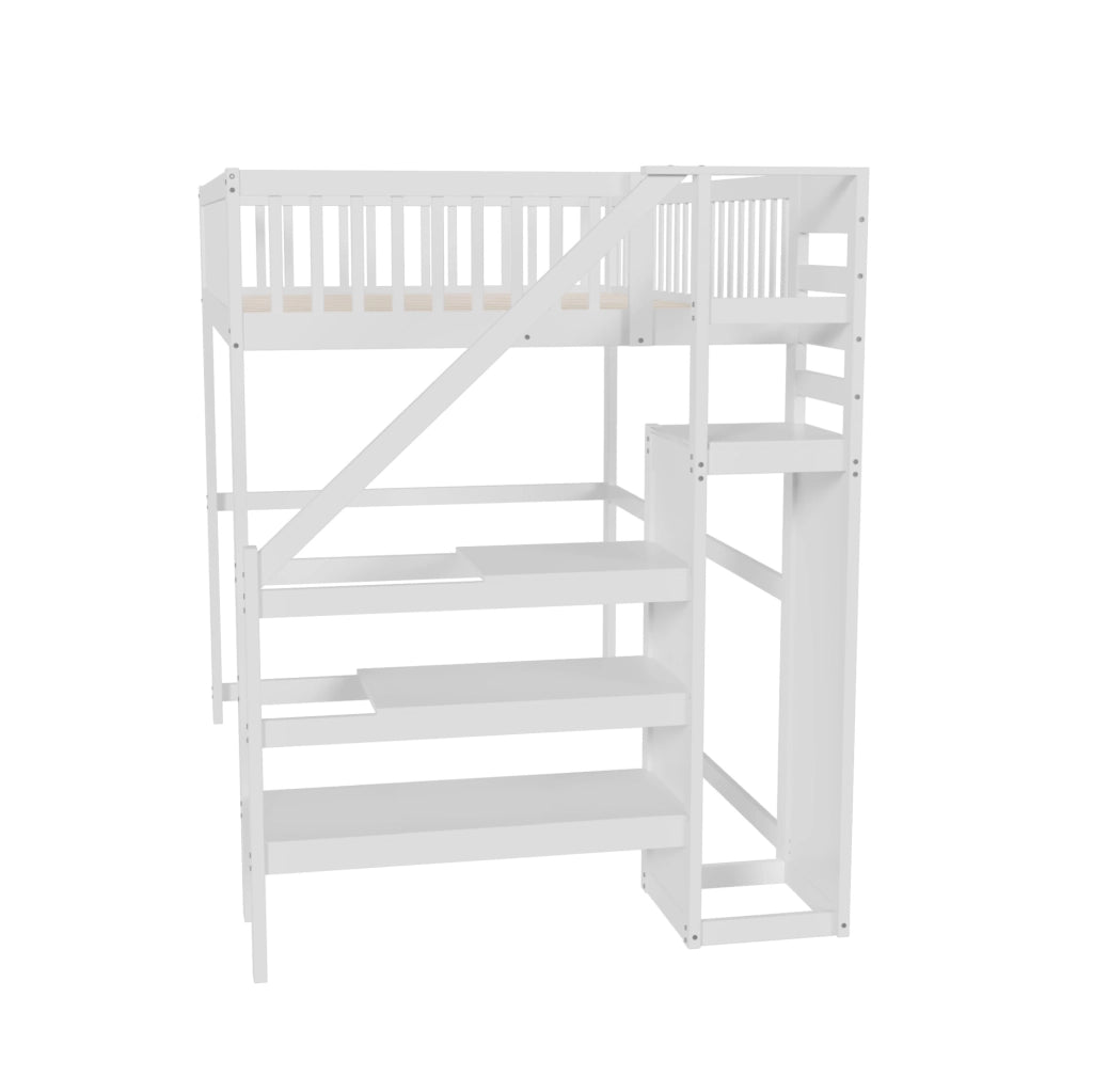 Letto a soppalco 140x200 cm in legno bianco con scala di sicurezza e armadio integrato