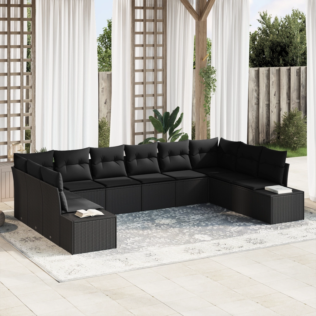 Set di divani da giardino di con 10 pezzi e cuscini in rattan nero