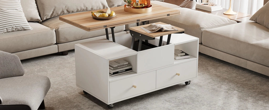 TAVOLINO ALZABILE E PIEGHEVOLE 100 x 50 x 47,5 cm MDF Colore Legno Naturale e Bianco con 4 Cassetti
