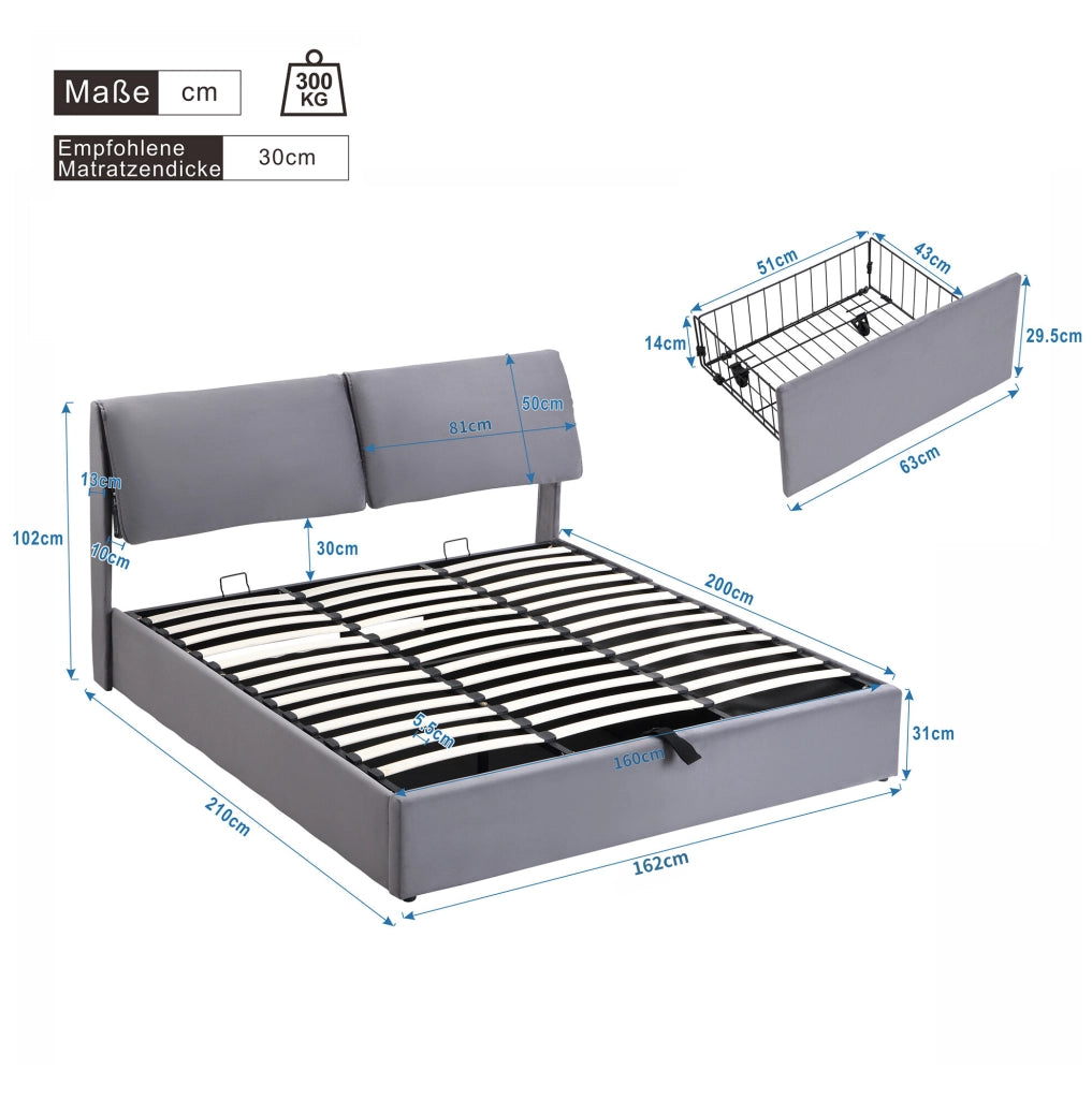 Letto contenitore imbottito 160x200 cm in velluto grigio con 3 cassetti e testiera regolabile