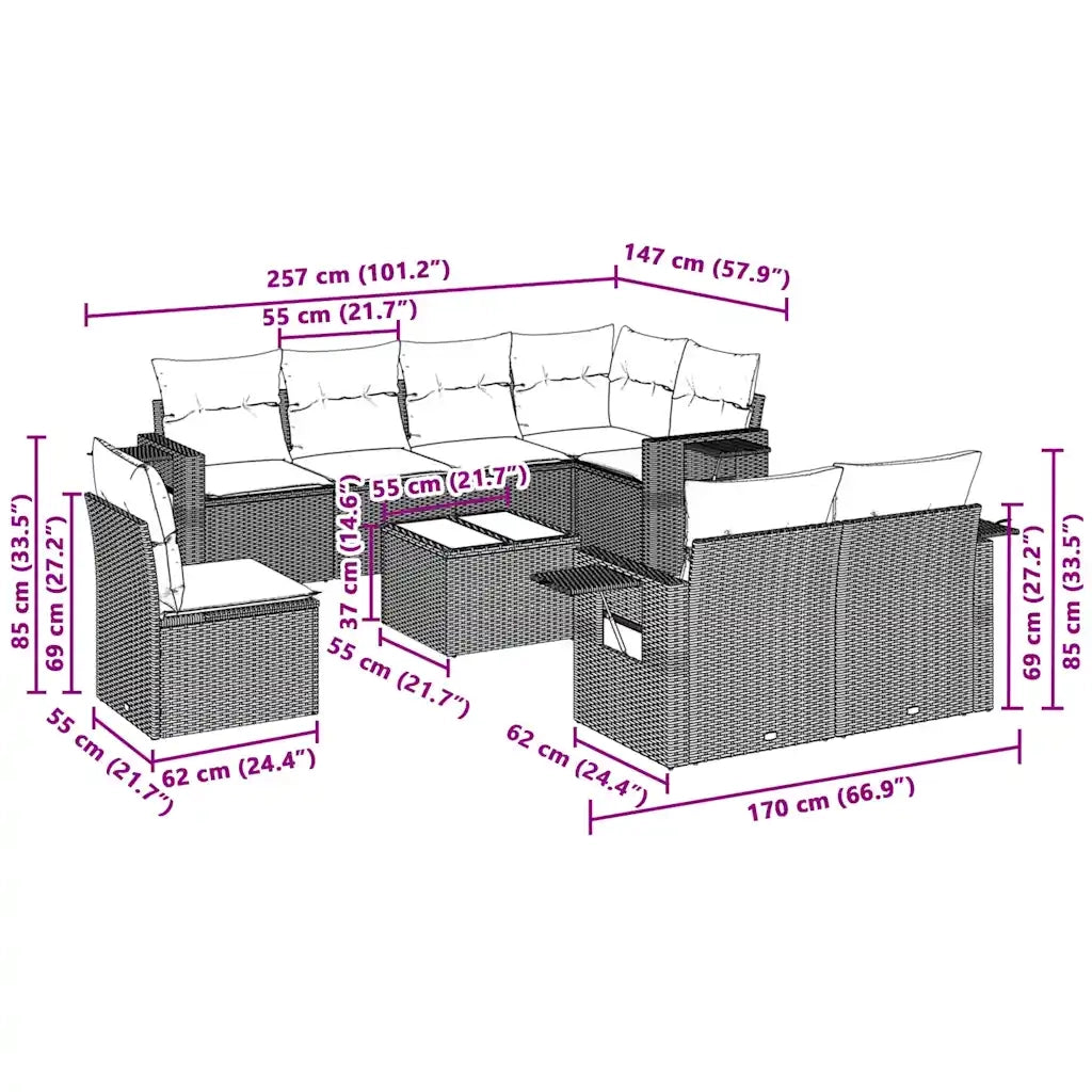 Set Divano da Giardino 9pz con Cuscini Grigio Chiaro Polyrattan