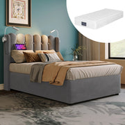 Letto imbottito 90x200 cm grigio in velluto con materasso, luce LED USB e contenitore