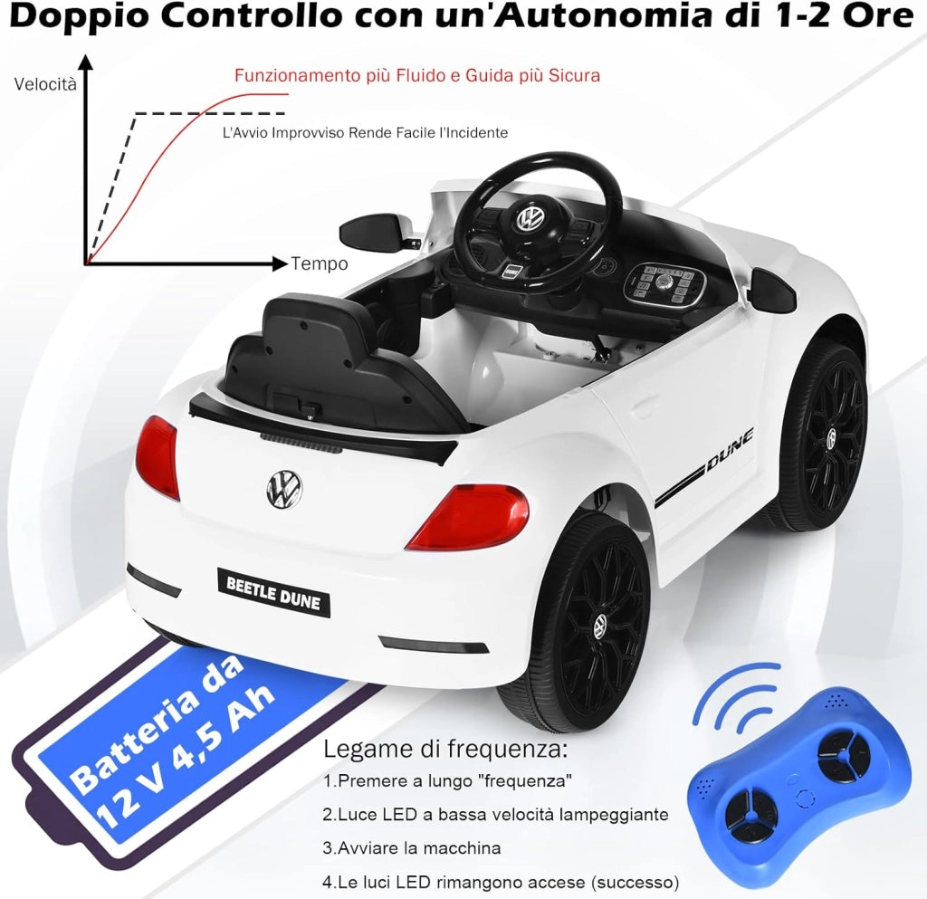 12V Volkswagen Macchina Elettrica per Bambini, Auto Elettrica con Telecomando Luci Musica Doppia Porta, 5km/h Carico 30kg, per Bambini 3-8 Anni (Bianco)