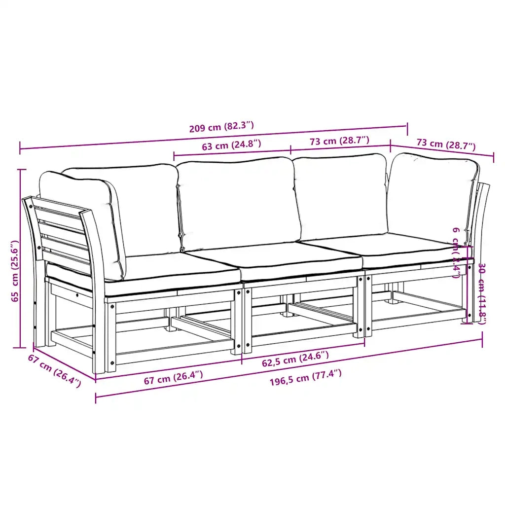 Set Mobili da Giardino 3pz con Cuscini Legno Massello di Acacia