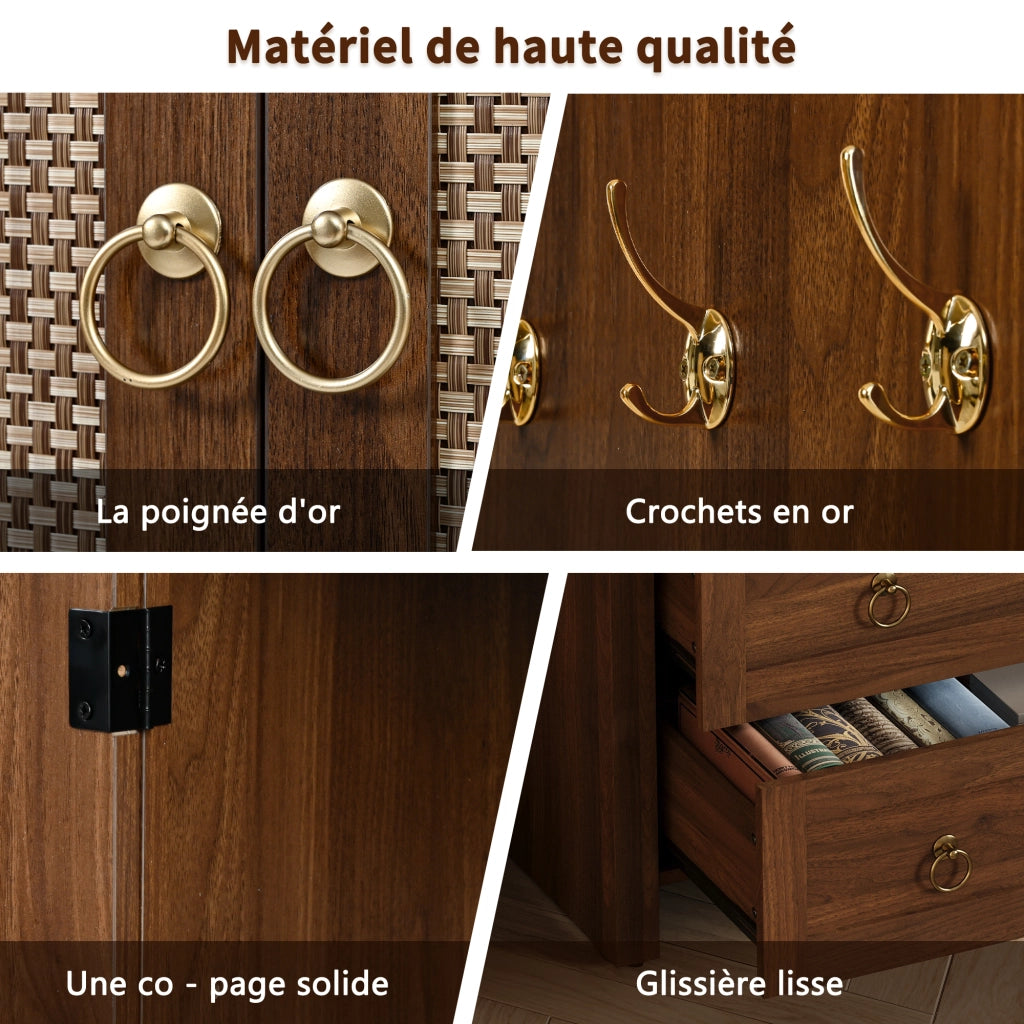 Credenza con 2 Cassetti e Ante in Rattan; Ripiani Regolabili; Stile Vintage; in MDF; 80??40??180 cm; Noce