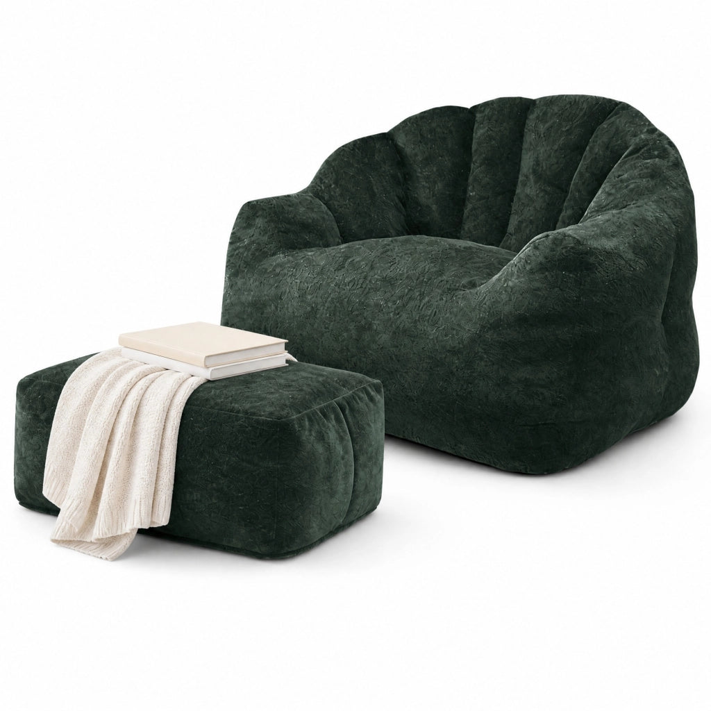 Poltrona singola con pouf, velluto a coste verde scuro, schienale a petalo