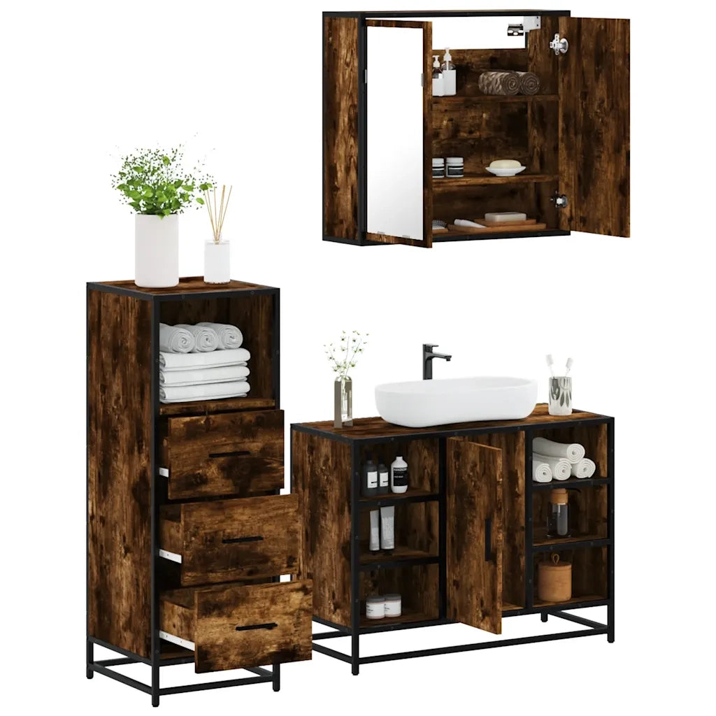 Set Mobili da Bagno 3 pz Rovere Fumo in Legno Multistrato