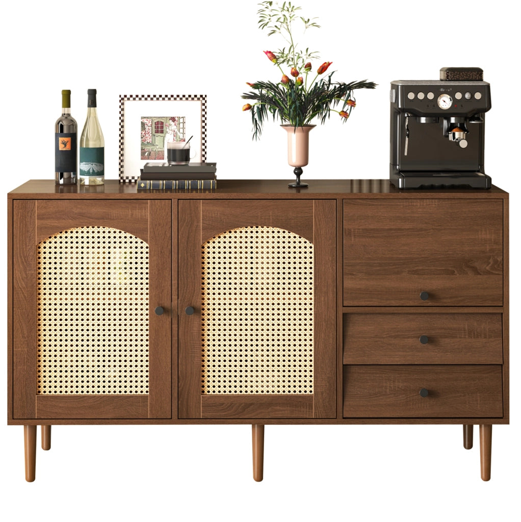 Credenza 130x75.5x40 cm con ante effetto rattan e ripiani regolabili; pannello truciolare