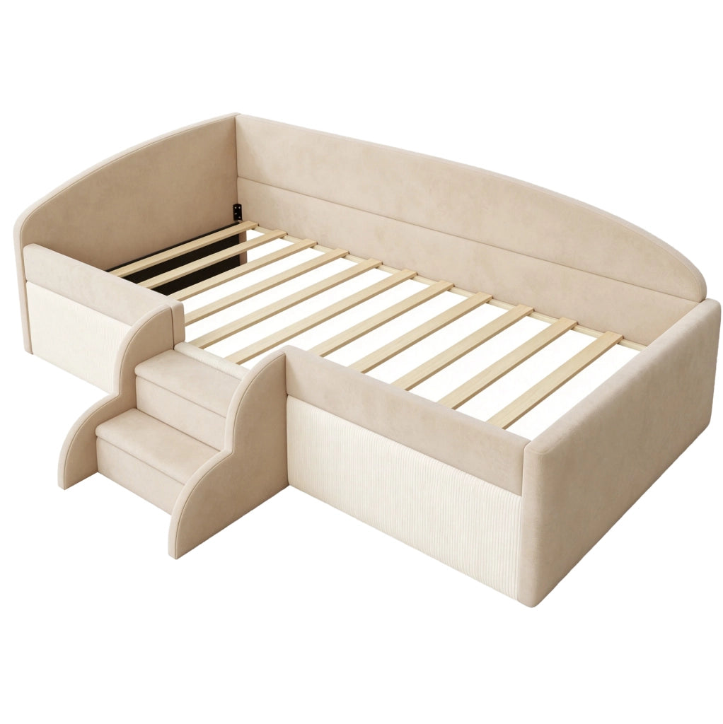 Letto imbottito bambini 90x190 cm con gradini e sponde in velluto beige