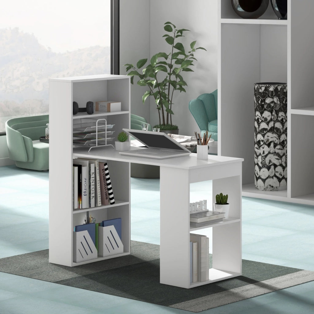 Scrivania per computer da 122cm con libreria, Postazione di studio moderna compatta con 6 ripiani Bianco