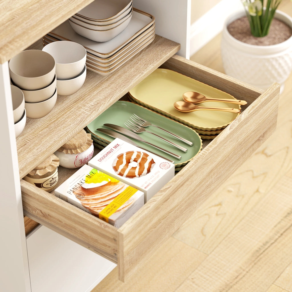 Buffet Cucina con Ante, Cassetto e Ripiano Superiore ¨C Zephmum ¨C Quercia e Bianco 60x40x131 cm