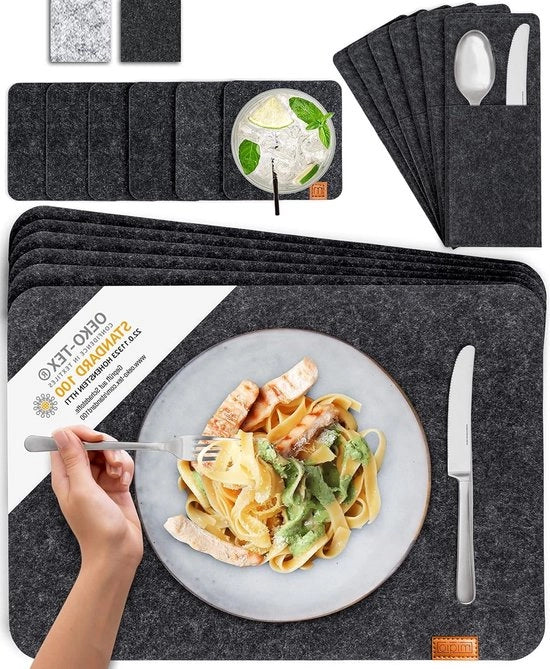 Set di piatti lavabili in feltro e pelle grigia scuro per 6 persone - Assortimento di piattini e borse per posate.