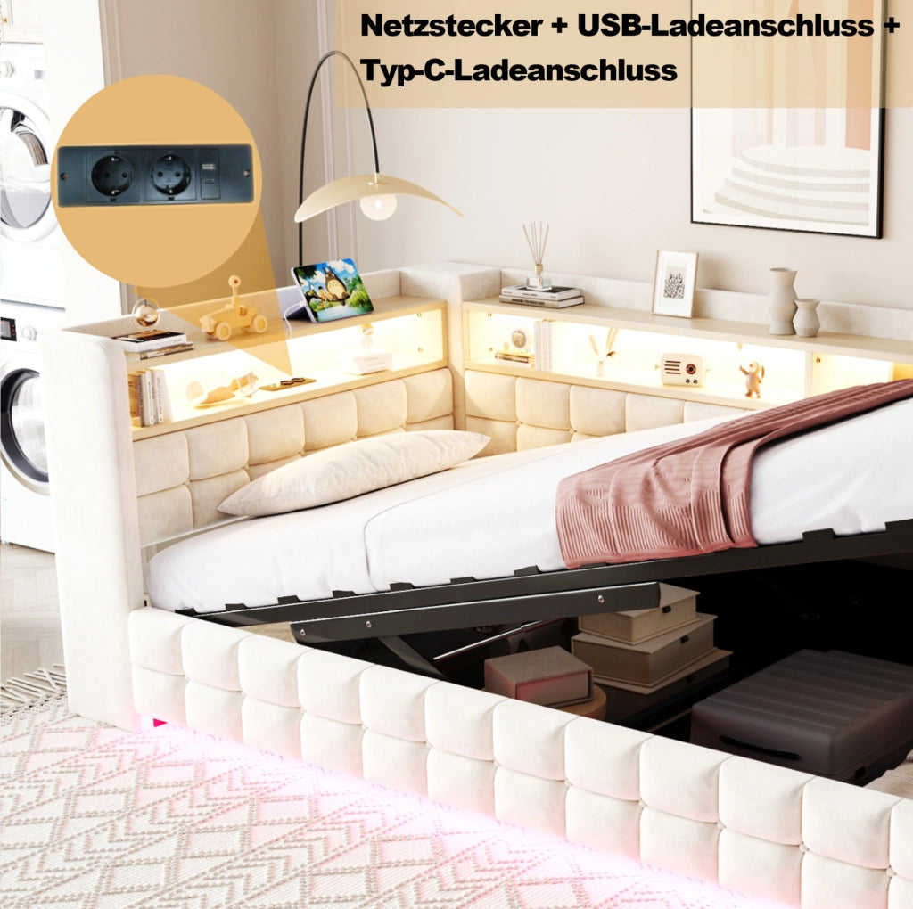 Divano letto imbottito 90x200 cm con contenitore idraulico; LED e prese USB-C; beige