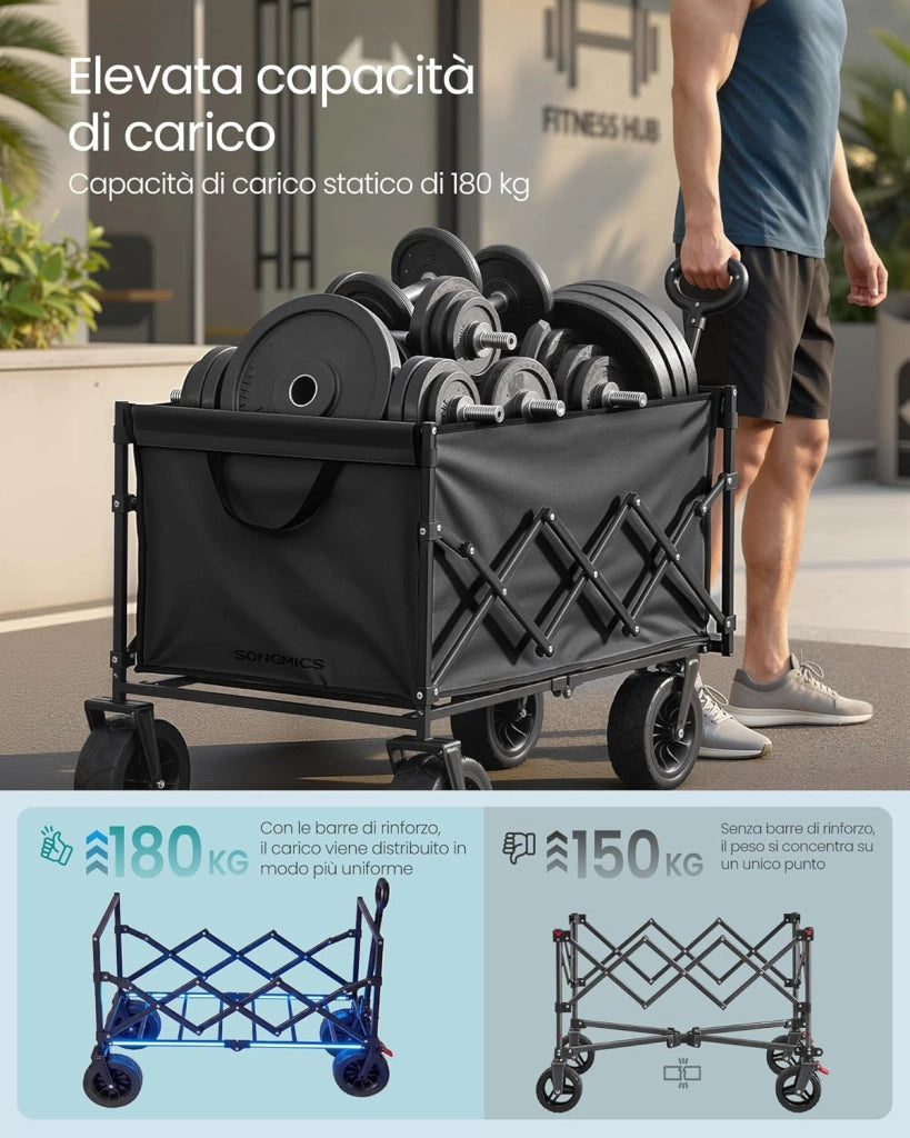 SONGMICS Carrello Pieghevole, Carrello da Giardino, con Manico, 4 Ruote Rinforzate di cui 2 Universali, per Esterni, Giardino, Portante di 180 kg, 200 L, Nero Inchiostro GFW201B101