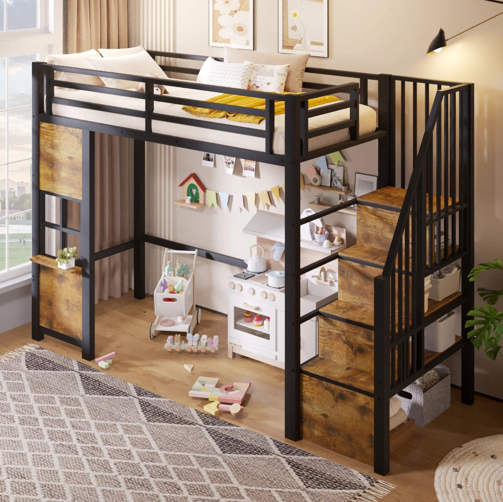 Letto a soppalco per bambini 90x200 cm nero con scala