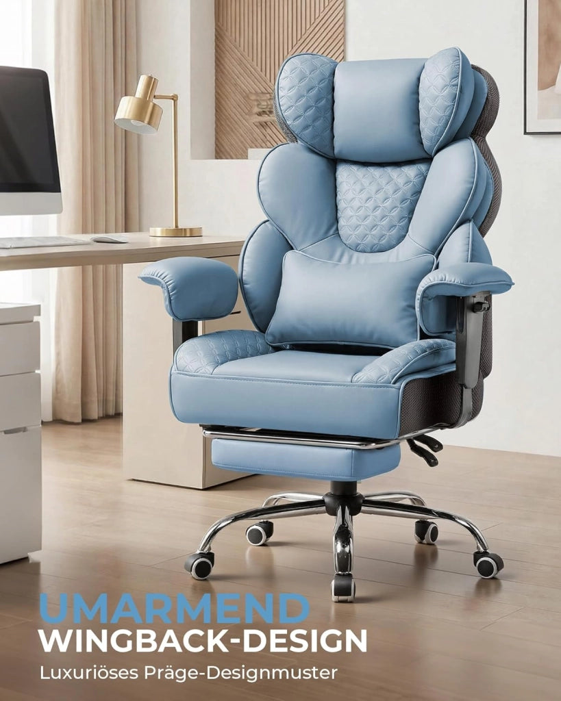 Sedia da gaming ergonomica da ufficio 180 kg, con supporto lombare regolabile e poggiapiedi, design ibrido in ecopelle e mesh, schienale regolabile a 150°, sedia direzionale alta, blu