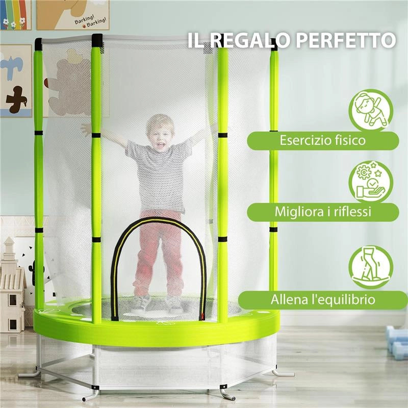 TRAMPOLINO ELASTICO PER BAMBINI Ï140 CM CON RETE DI SICUREZZA E DISEGNI, ETÓ 3-6 ANNI, VERDE