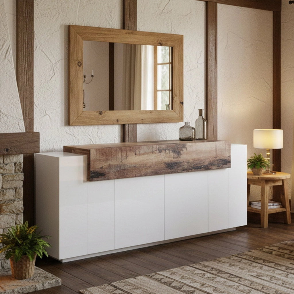 Credenza moderna a 5 Discordia, Made in Italy, Madia da cucina, Buffet di design da soggiorno, cm 200x45h86, colore Bianco lucido e Acero
