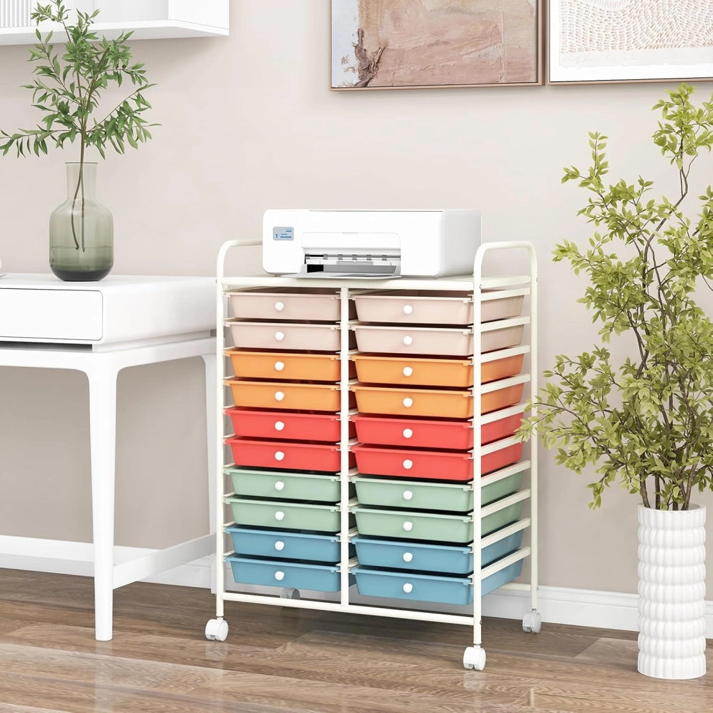 Carrello di Stoccaggio con 20 Cassetti, Carrello portaoggetti con 4 Ruote, Carrello Multiuso per Scuola Ufficio Cucina, 64 x 39 x 88 cm (Colorato 2)