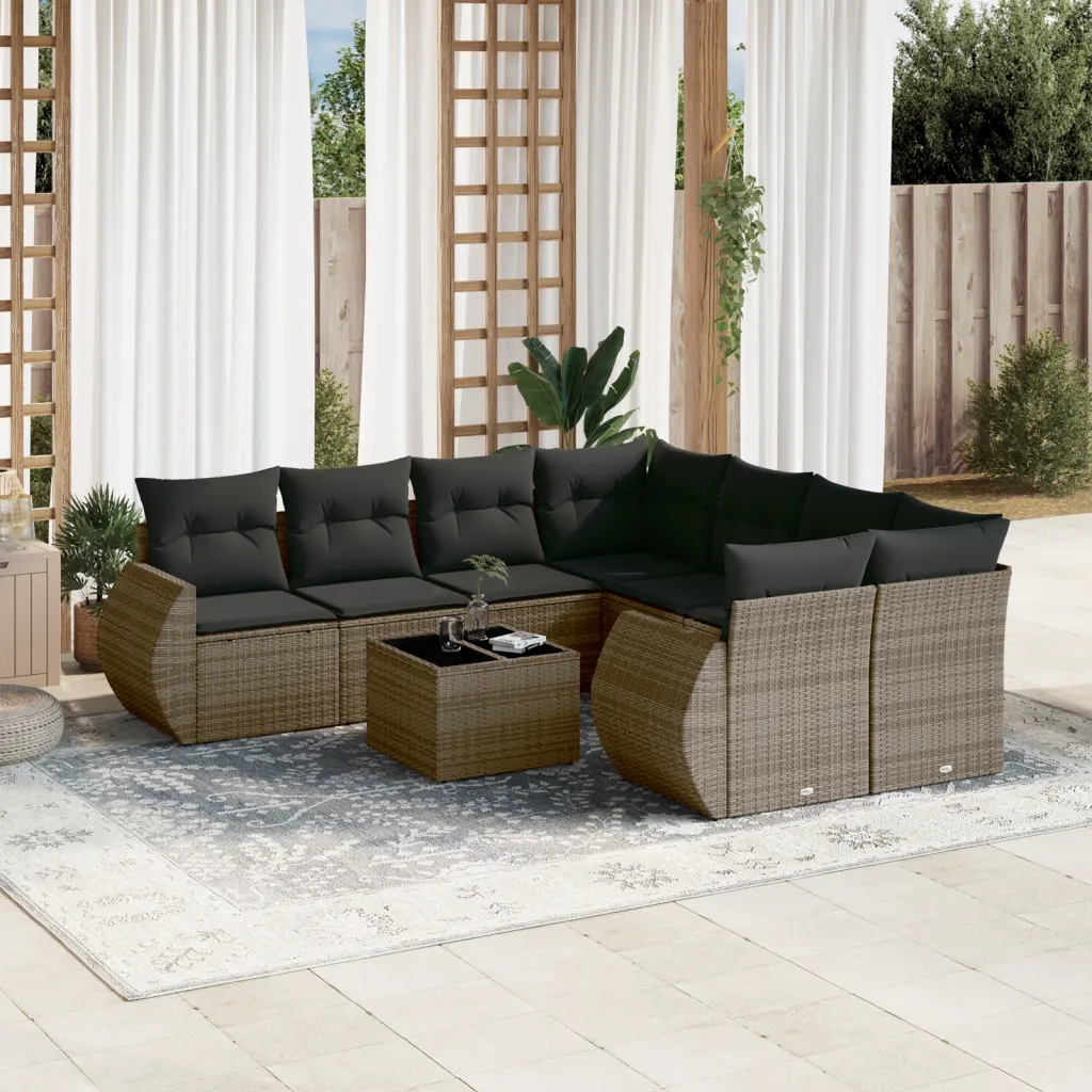 Set Divano da Giardino 9 pz con Cuscini Grigio in Polyrattan