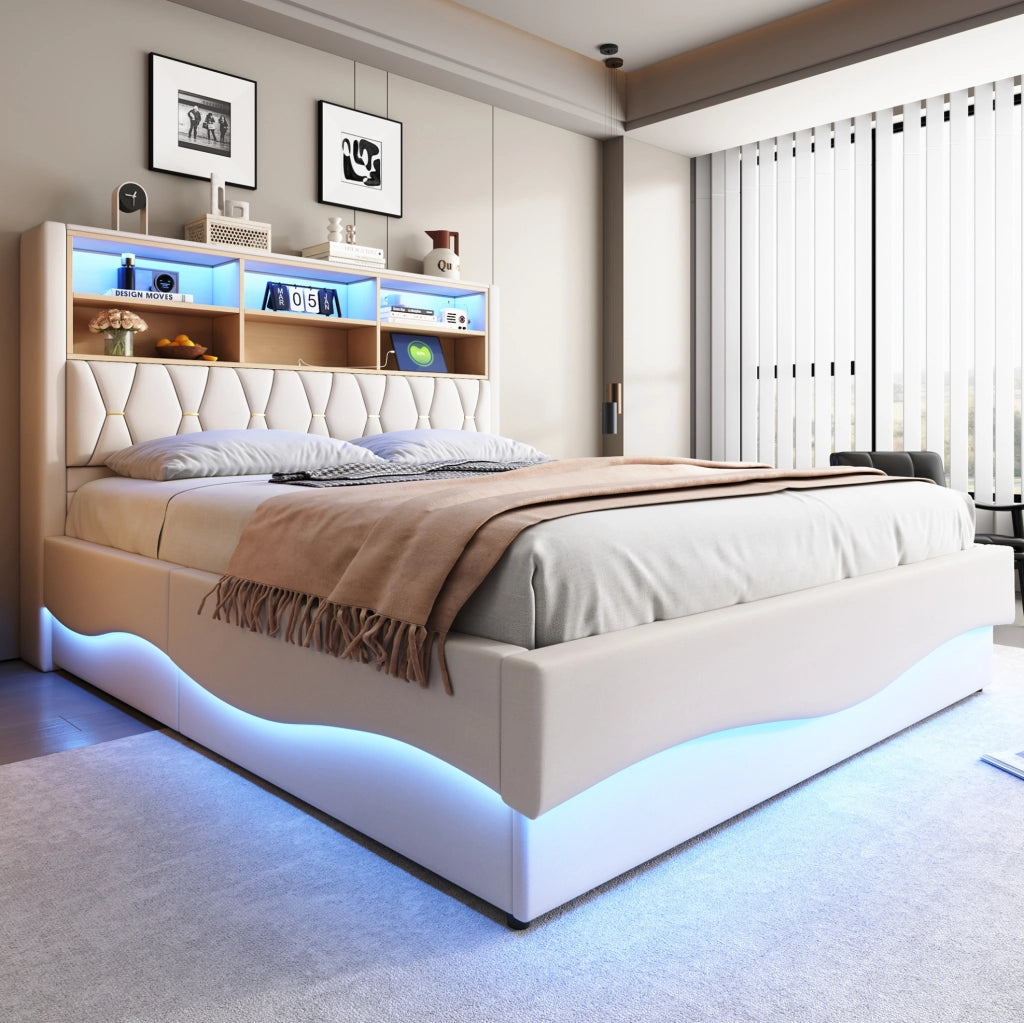 Letto imbottito 180x200 cm beige con LED, USB e vano contenitore