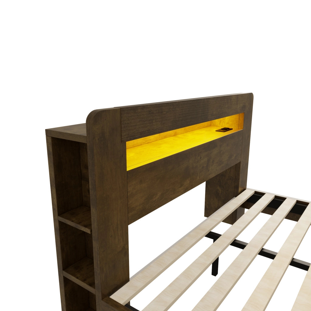 Letto matrimoniale 140×200 cm e 180×200 cm con testiera portaoggetti; LED e prese; senza materasso; legno