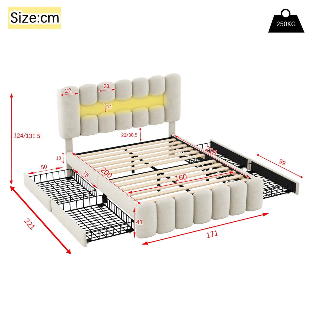 Letto imbottito con LED e stereo - Zephmum- 160x200cm- Beige- 4 cassetti