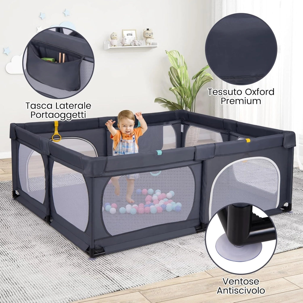 Recinto per Bambini, Box per Bambini con Rete Traspirante, Centro Attività per Bambini con 50 Palline, Box Giochi per Bambini 0-3 Anni (Grigio Scuro, 189 x 158 cm)