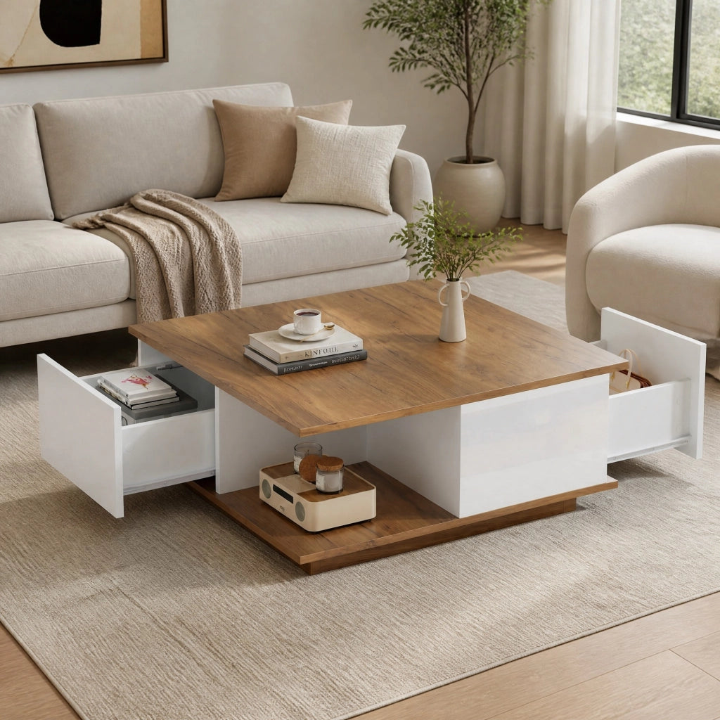 Tavolino da caffè quadrato 70 x 70 x 31;5 cm con 3 cassetti; bianco e legno