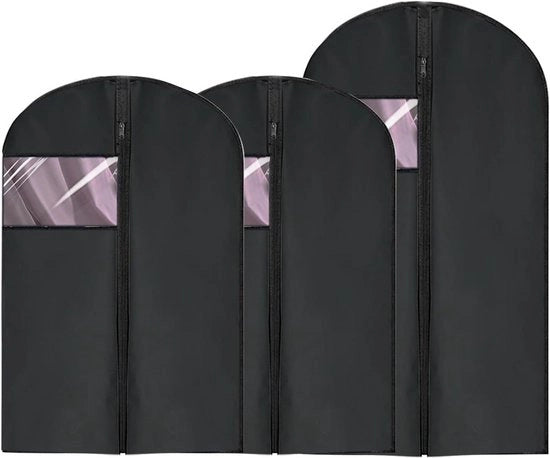 Set di 3 borse per abbigliamento con finestra trasparente • Nero • Incl. 2 sacchetti per lavare l'abbigliamento • Per pacchi • Dimensioni 60 x 100 cm • 1 borsa per abbigliamento respirante • Lunghezza 60 x 120 cm.
