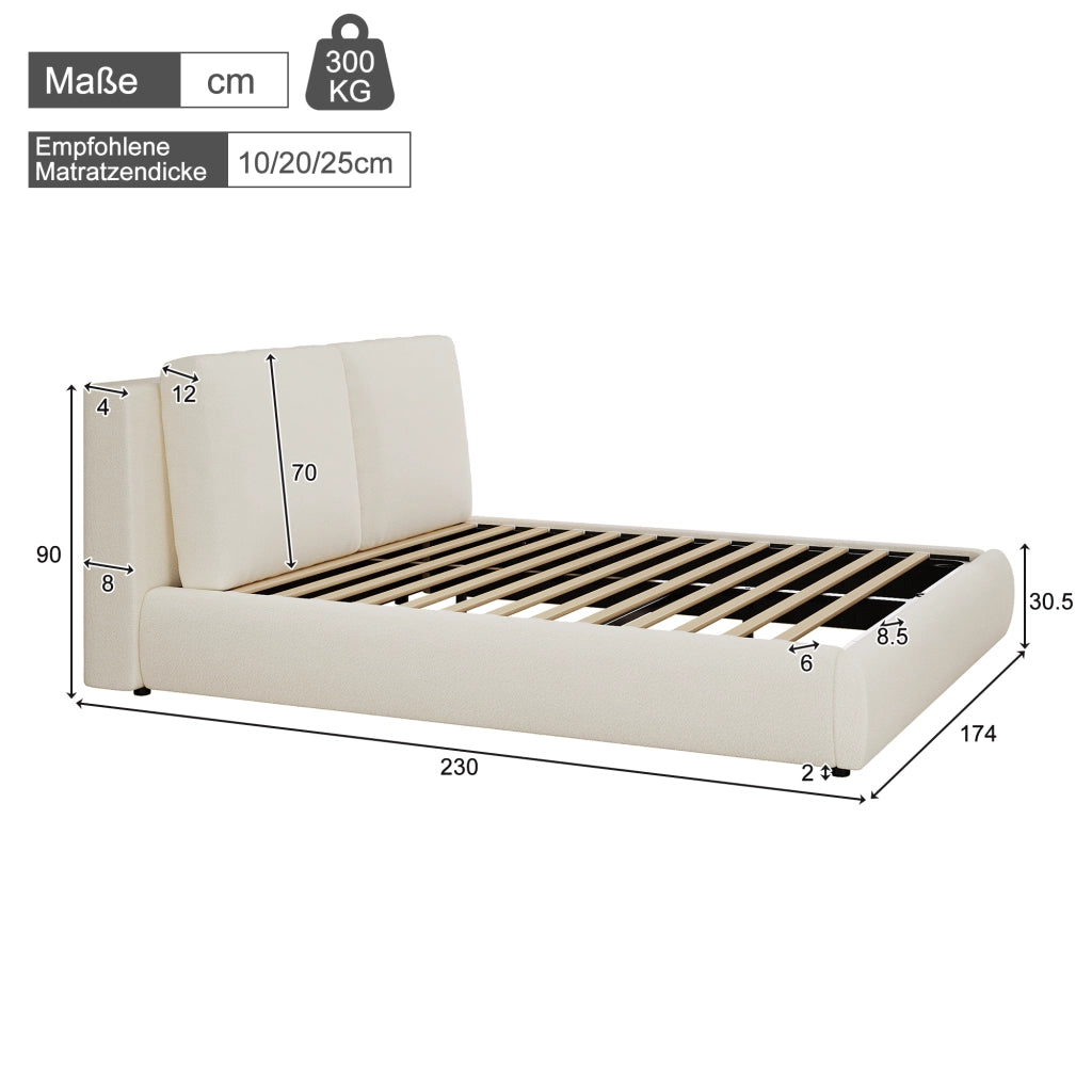 Letto matrimoniale 160 × 200 cm contenitore idraulico, testiera imbottita, senza materasso, bouclé beige