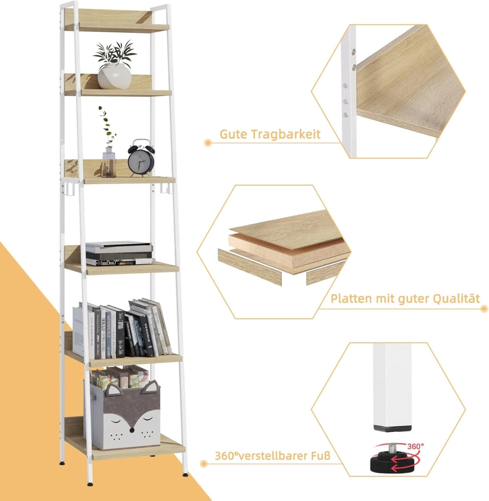 Libreria a 6 Ripiani, Scaffale con 4 Ganci Industriale, Scaffale a Scala in MDF e Metallo per Soggiorno, Cucina, Studio, Ufficio,Bianco, 41x36x187cm RGB30whe