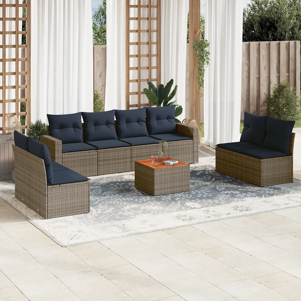 Set Divani da Giardino 9 pz con Cuscini Grigio in Polyrattan 3256418